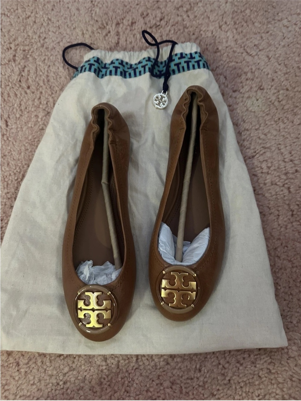 Tory Burch Brown Leather Logo Ballet Flats with Gold Medallions
